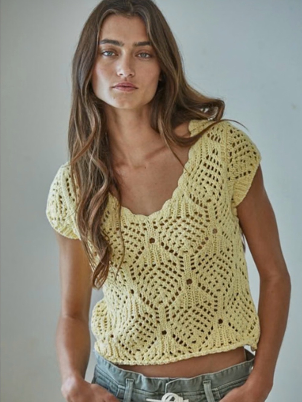Free People Kendra Crochet Short-Sleeve Crop Top in yellow sz Large EUC